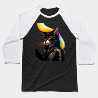 A cat wearing a leather jacket and a black jacket with a yellow tail. Baseball T-Shirt